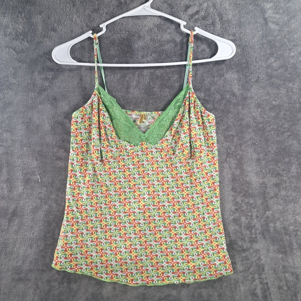 Pink Lotus Lace Trim Cami Top Green Orange Floral Geometric Y2K Boho